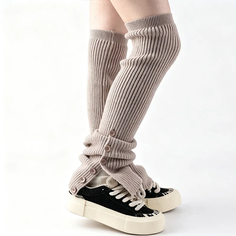 Autumn Winter Button Knitted Leg Warmers Korean Vertical Striped Calf Socks Stacked Leg Cover Foot Cover Stockings for Women