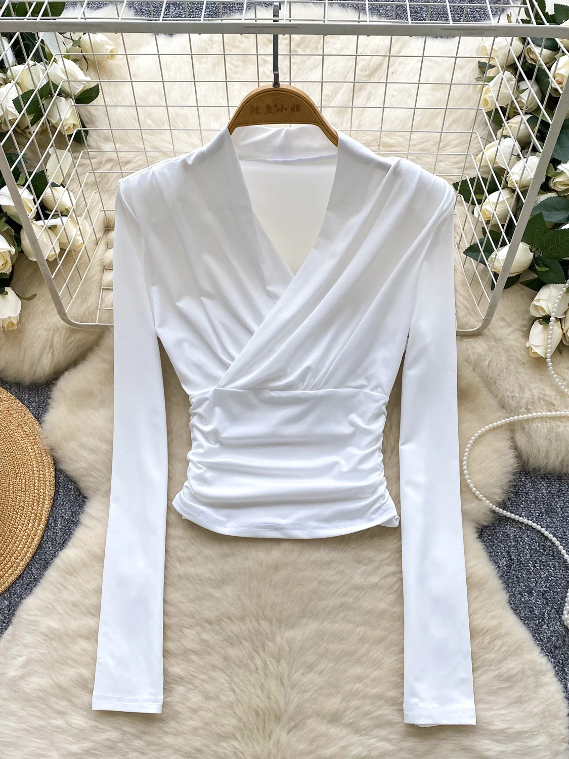 

Футболка для похудения Long Sve V-Ne, женская модная корейская футболка для поездок на работу, чистый цвет, облегающая базовая футболка, модный базовый слой...