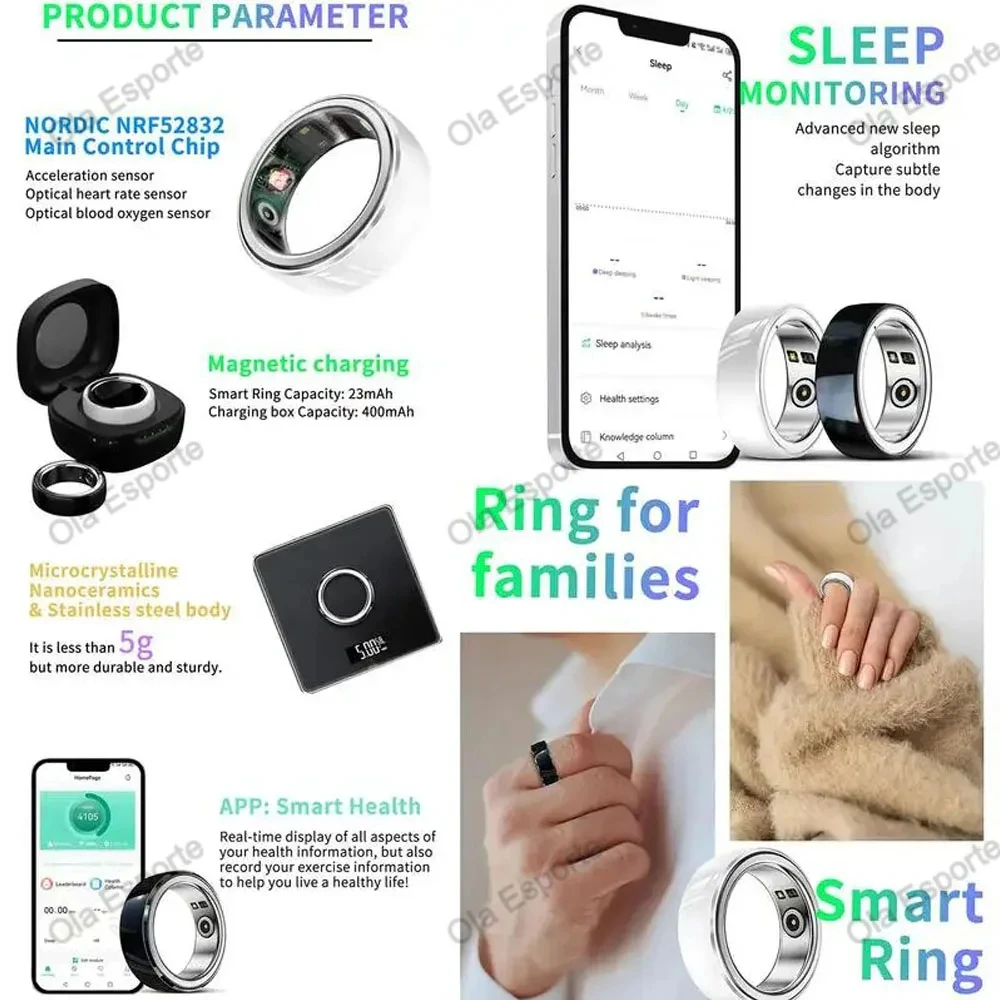 2024 Fashion Ceramics Smart Ring Fitness Tracker for Android IOS Heart Rate Blood Oxygen Sleep Smart Health Ring For Men Women