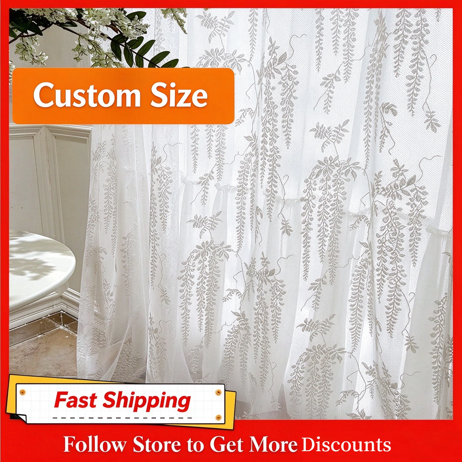 Custom Size American Country Style Lace Trim Window Screen Sunshade New Spring Silk Warp Knitted Wisteria Flower Curtain Decor
