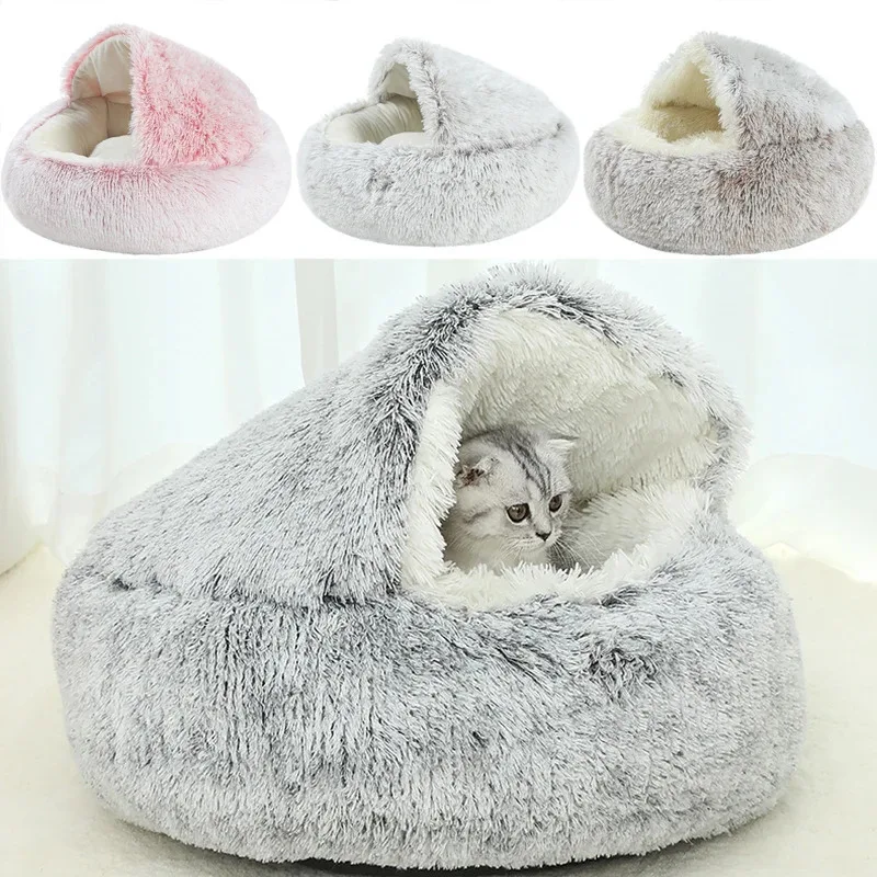 

Winter Plush Pet Cat Bed Round Cat Cushion Cat House 2 In 1 Warm Cats Basket Pet Sleep Bag Kitten Nest Kennel for Small Dog Cats