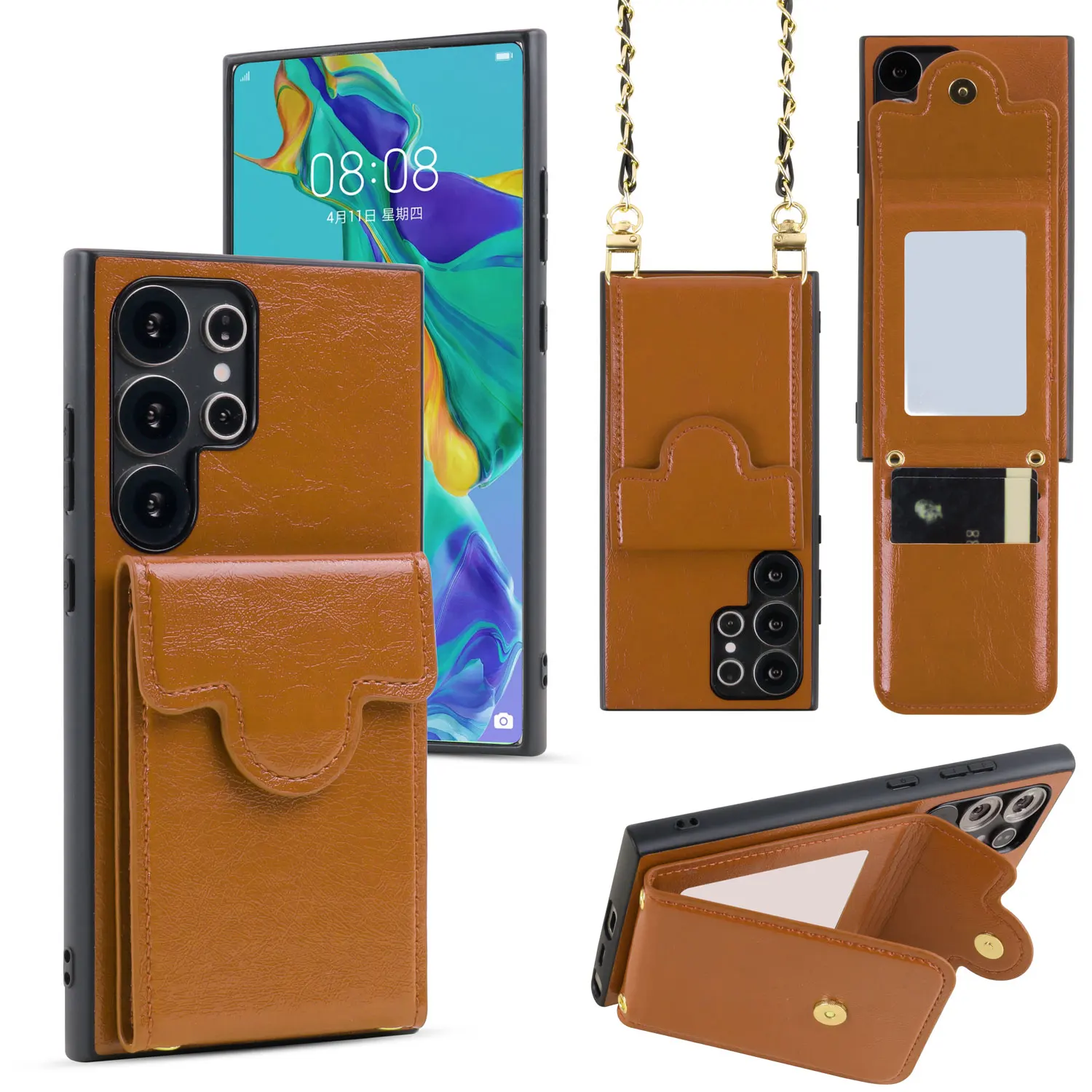 

Чехол для телефона из искусственной кожи с большим отделением для монет и карт, встроенным зеркалом, модный новый стиль для Samsung M17 A34 A06 A23 A42