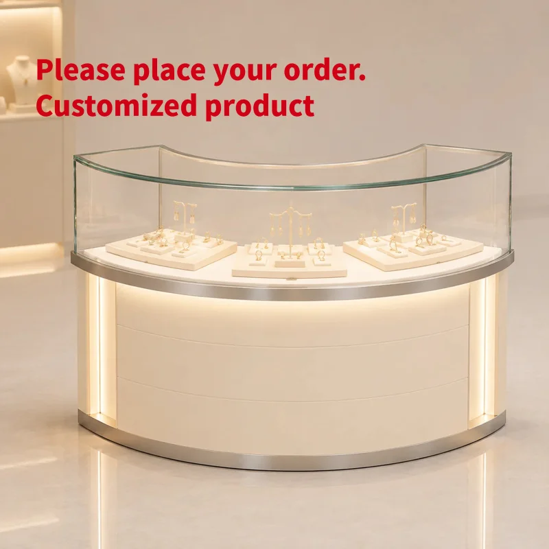custom.Luxury Curved Jewelry Display Cabinet Milk White Silver Trim Showcase with LED Light Semi-Circular Retail Island Furnitur