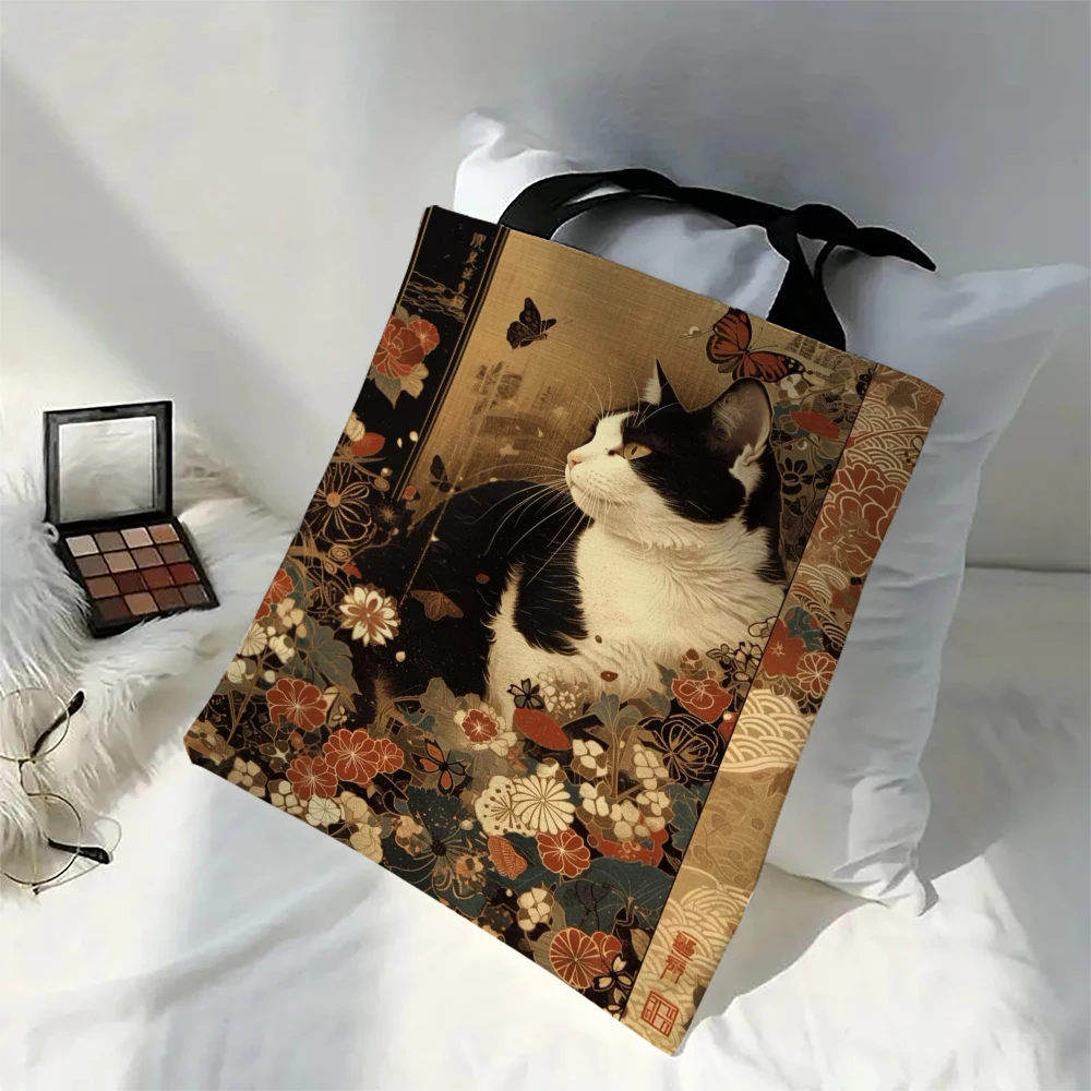 Classic Black And White Cat Tote Bag With Cat Print, Reusable Shoulder Shopping Beach Bag For Women, Durable Casual Carryall