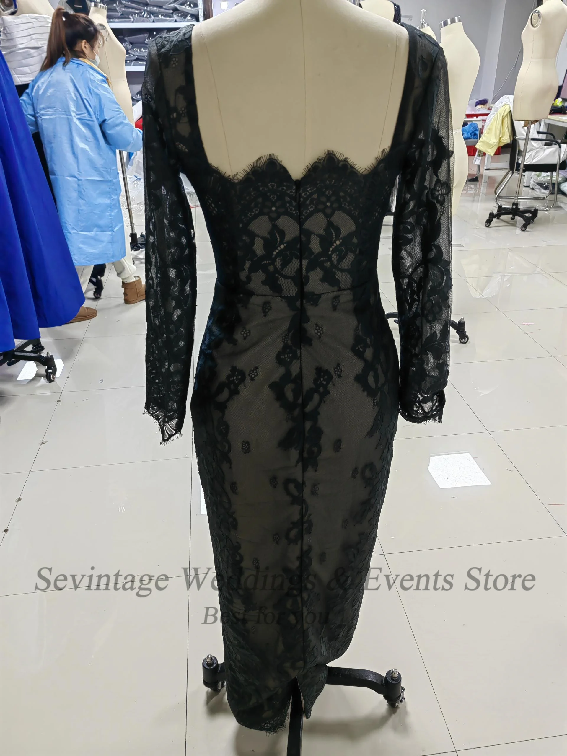 Customized Black Lace Prom Dresses Mermaid Long Sleeeves Formal Women Party Gowns Sexy Ankle Length Midi Evening Pageant Gown