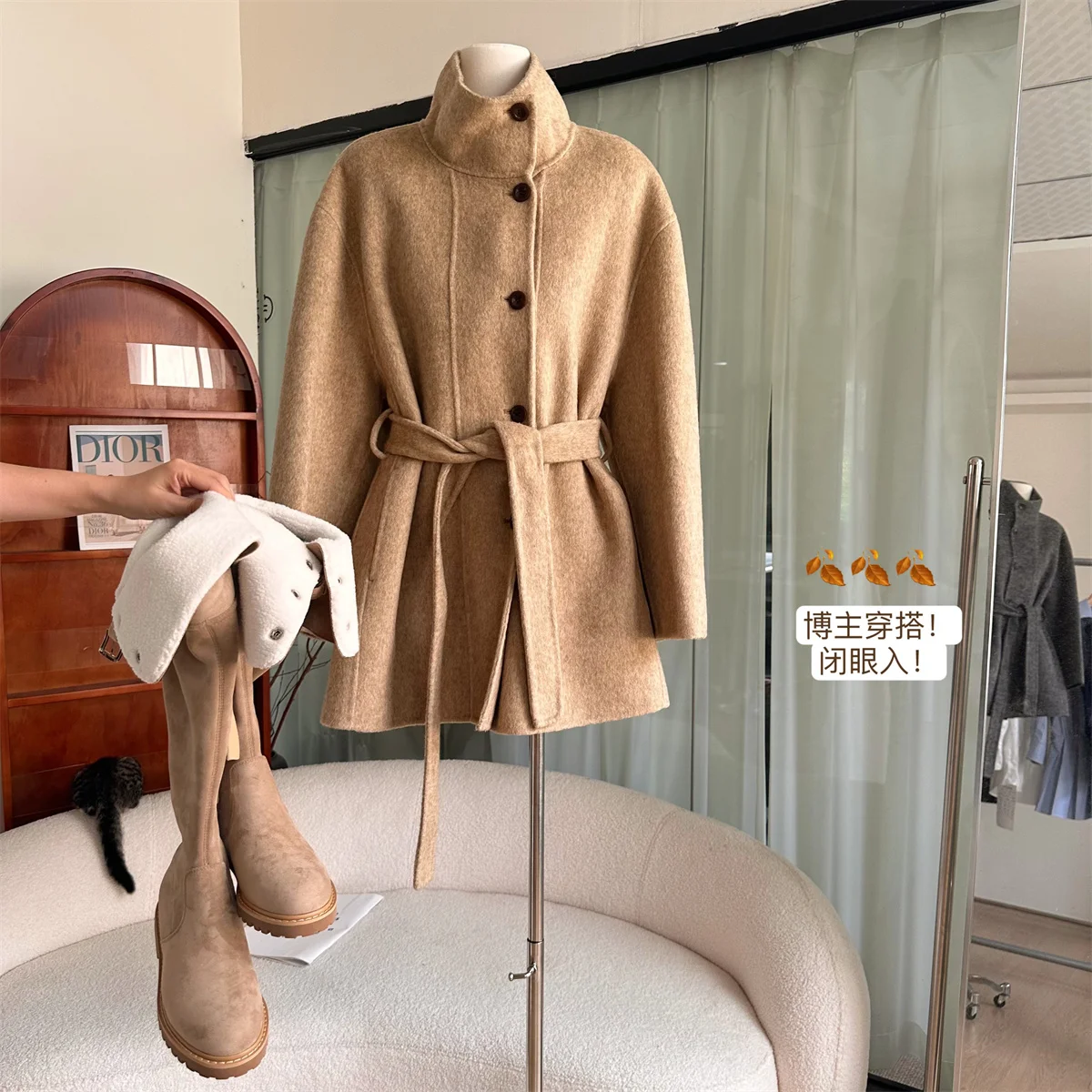 Women's Autumn Winter Wool Long Sleeve Stand Collar Coat Ladt Streetwear Single Breasted Loose Wool Jacket Outwear