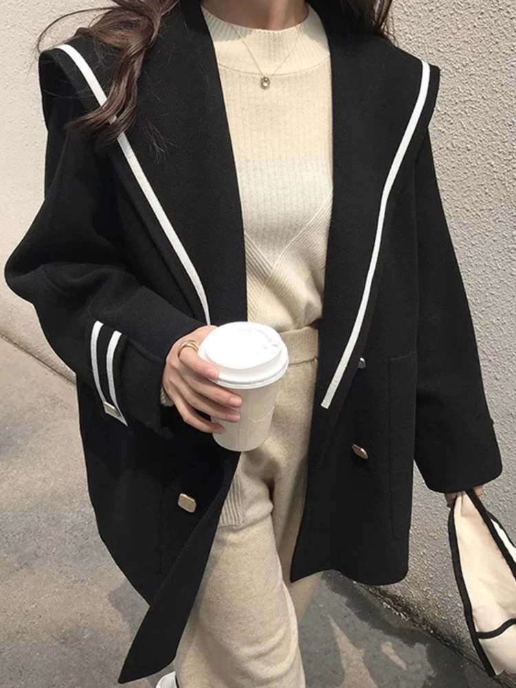 [EWQ] Vintage Casual Contrast Color Striped Double Breasted Big Lapel Cashmere Wool Coats Loose Woolen Jacket Autumn 2024 New