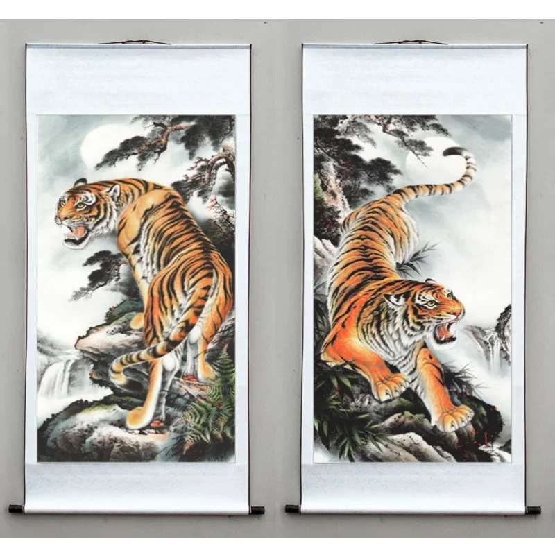 Tiger Scroll Painting Anime Poster Mountain Tiger Descending Mountain Painting Hanging Living Room Decor Wall Art Landscape
