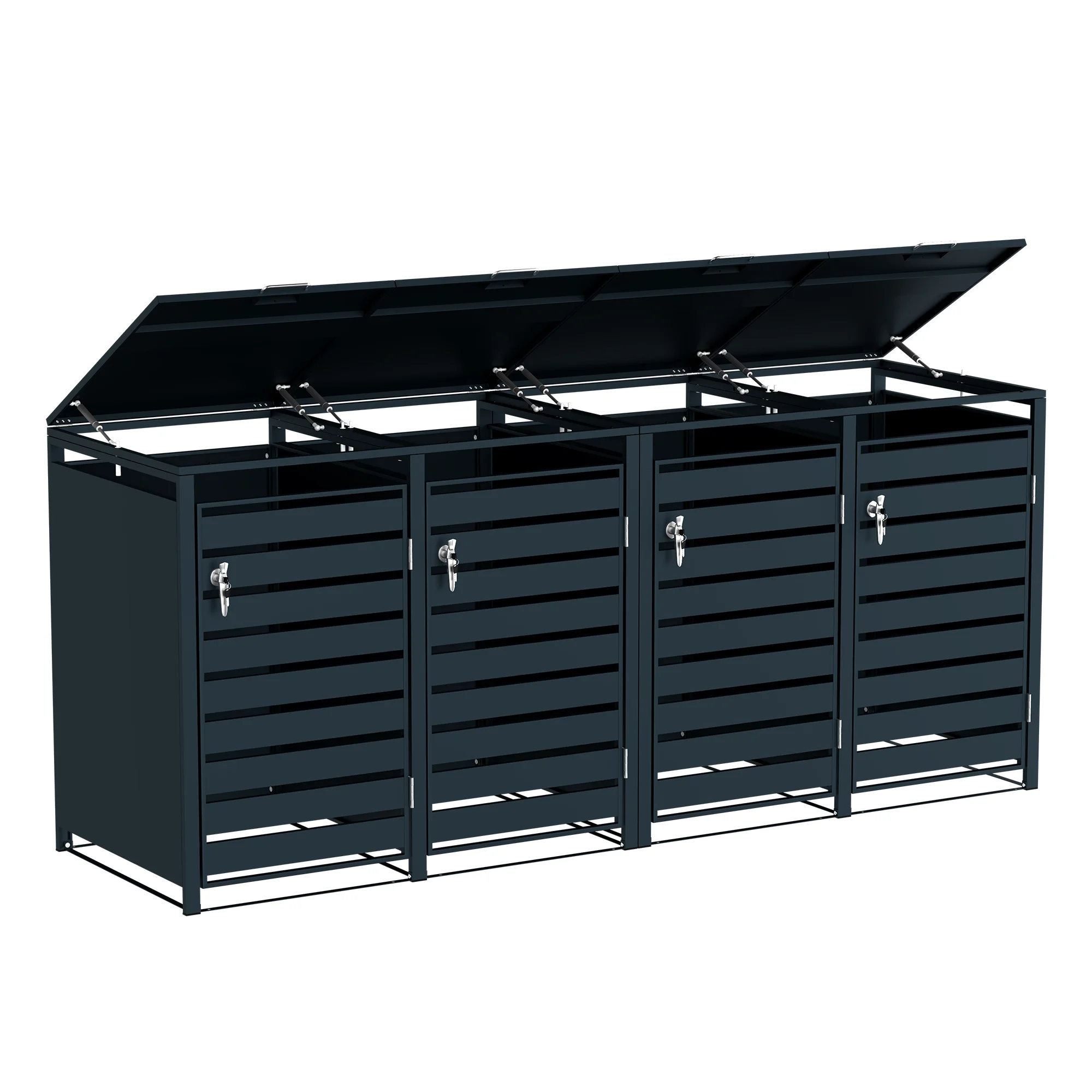4 x 240 l Metall-Mülleimer mit Rädern und offenem Deckel. Garten-Mülleimer-Aufbewahrungsschuppen. Abschließbarer Deckel. Stahlbox