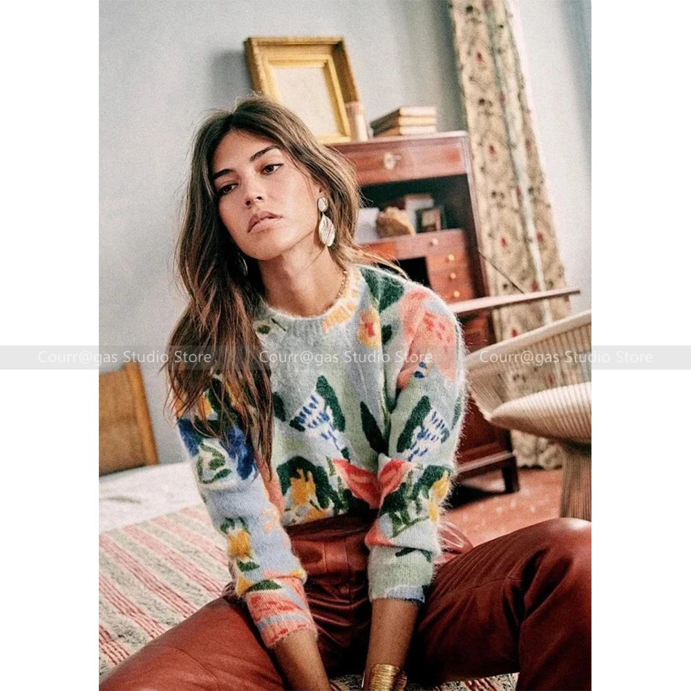 Autumn and winter new French colourful printed mohair wool knitwear lazy pullover jumper female