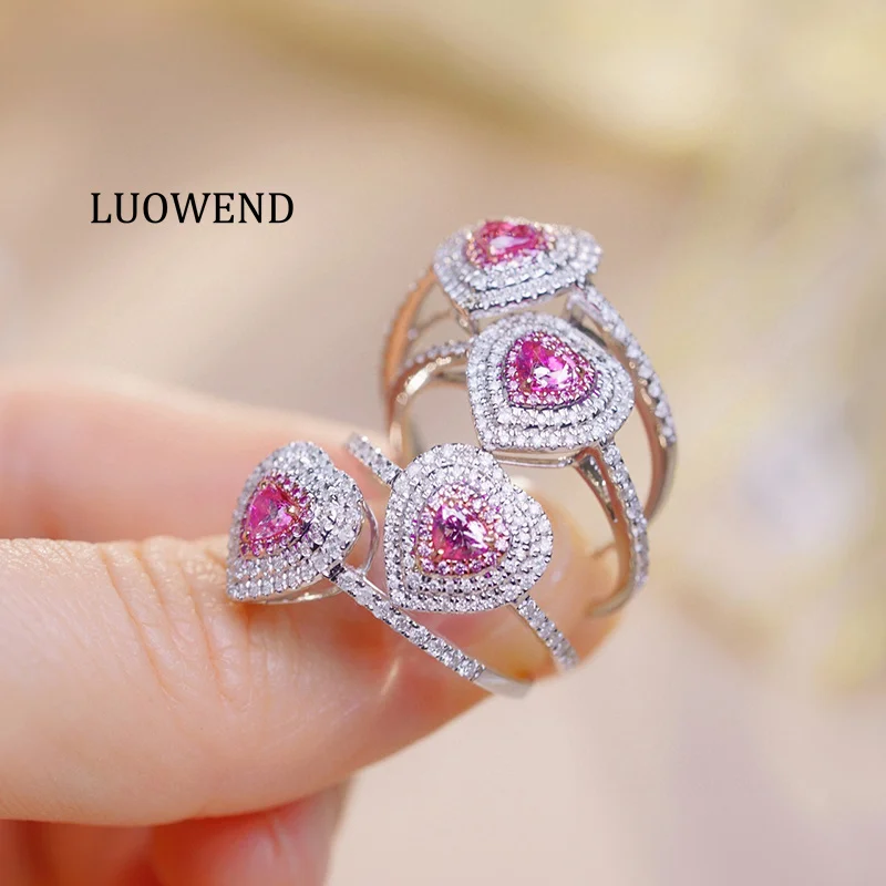 LUOWEND 100% 18K White Gold Rings Real Natural Pink Diamond Engagement Ring for Women Luxury Heart Shape High Party Jewelry