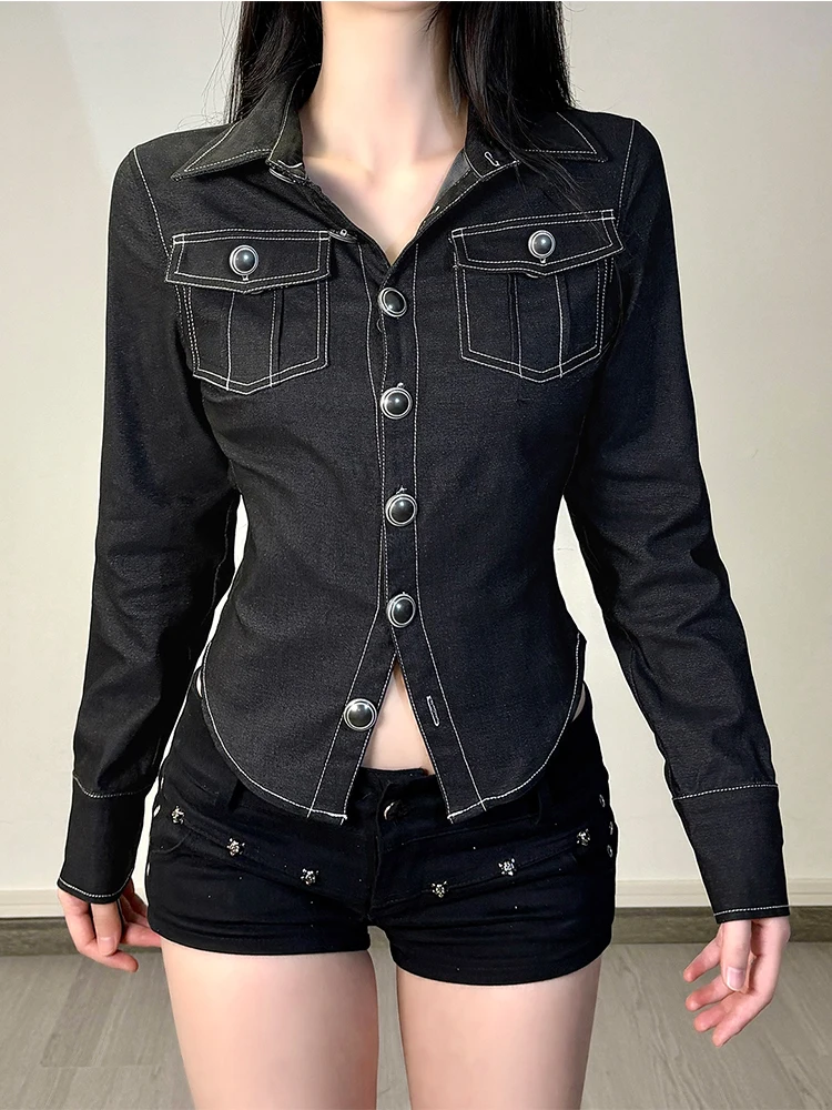 قميص نسائي قصير بأكمام طويلة لخريف وشتاء 2025 بلوزة جيارو من قماش الدنيم Y2k 2000s تصميم علوي Gyaru Harajuku مد عتيق جديد في