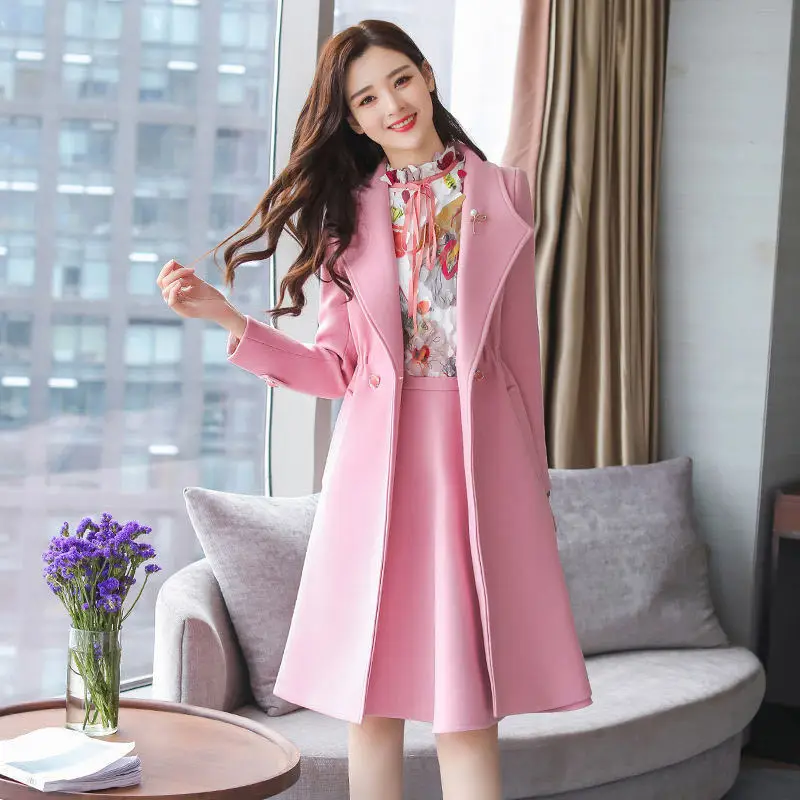 Vintage Printed Patchwork Chiffon Dress Thickened High Wool Long Jacket Windbreaker Two Piece Elegant Women\'s Pants Set Outfits