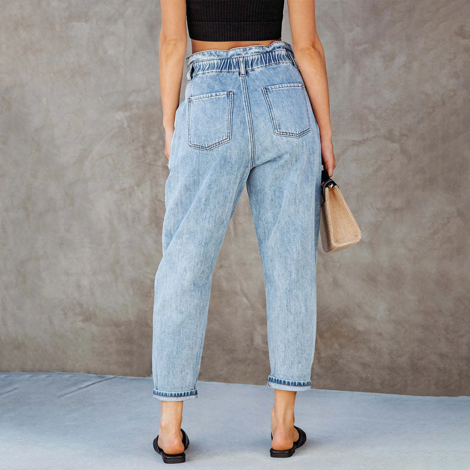 Women's High Waist Washed Jeans Solid Color Denim Pants Ankle Length Denim Trousers Streetwear