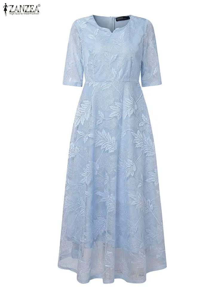 

ZANZEA Jacquard Mesh Patchwork Women Party Maxi Dresses Elegant Chic Heart-Shaped Collar Half Sleeve Fitted Waist A-Line Dress