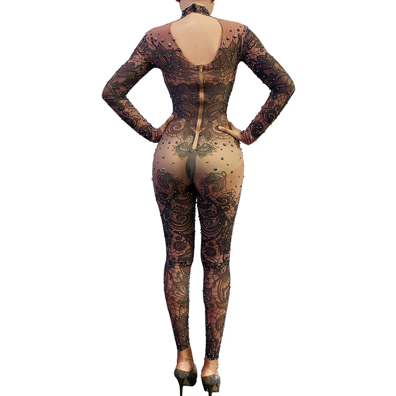 고고 댄서 의류 여성용 무대 복장, 라인석 프린트 신축성 바디 수트, 나이트 클럽 바 댄스복, 레이브 축제 의류 2750