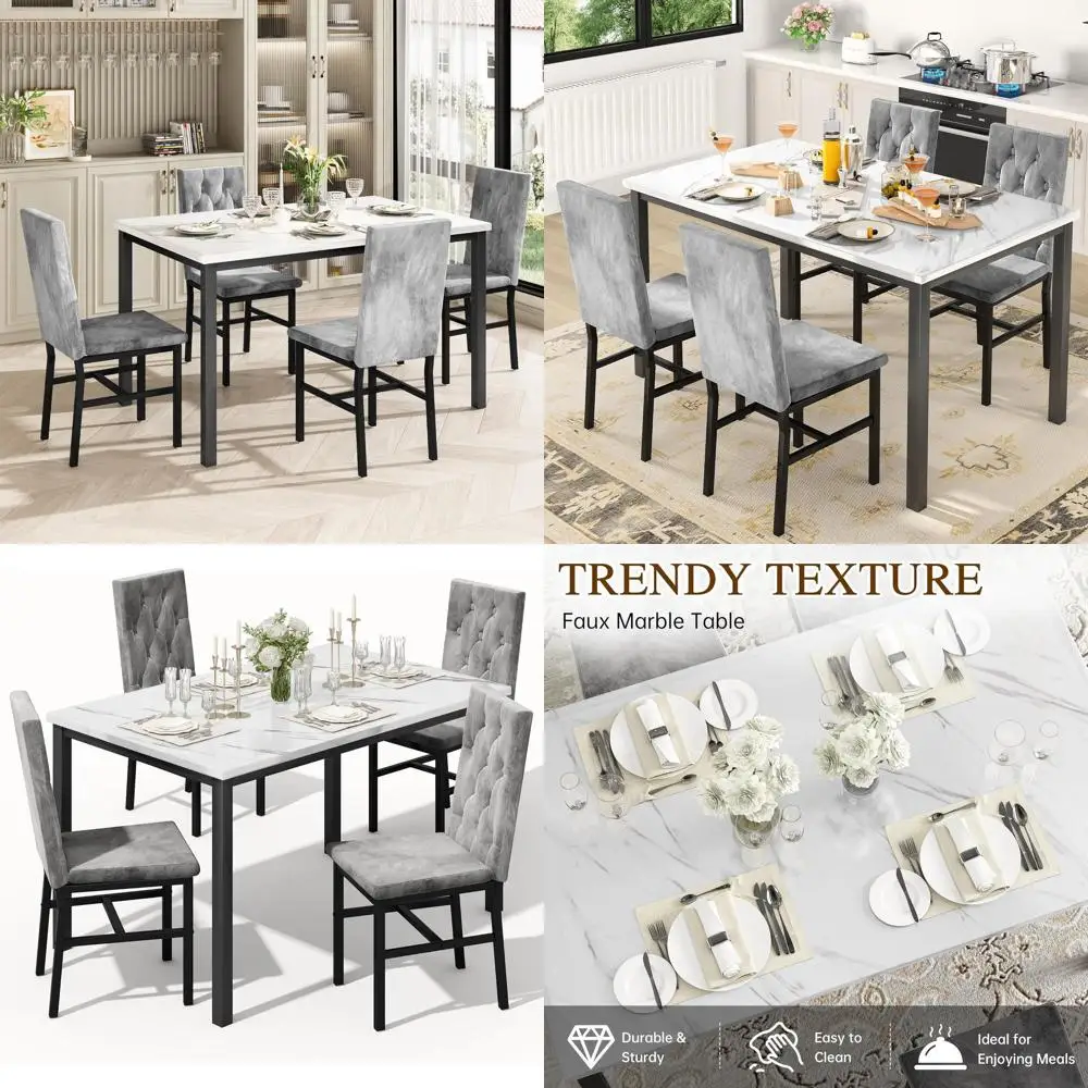 Luxurious Faux Marble Table and 4 Button-Tufted Chairs Set for Small Kitchen Dining