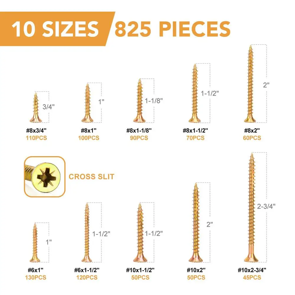 아연 도금 탄소강 인테리어 목재 나사 모음 키트, 필립스 헤드, 가정용 DIY 목재 작품, 10 가지 크기, #6 #8 #10, 825 개