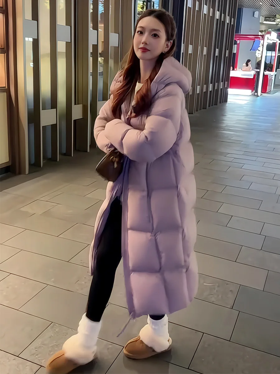 

Loose Fit Women's Long Hooded down Jaet Purple White Du Feather Warm Bread Coat Korean Sle Winter Outerwear Coat