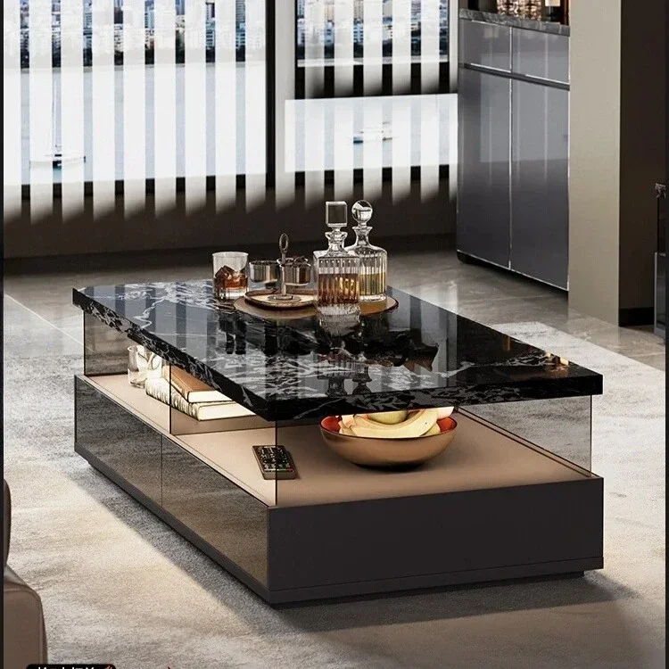 A Italian Minimalist Rock Slab Coffee Table Living Room Household Black Tea Table High-end Glass Coffee Table With Lamp