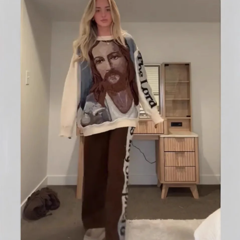 

2025 New Trendy 2-piece Set Casual Round Neck Long Sleeve Digital Printed Loose Pullover Sweatshirt Internet Celebrity Suit