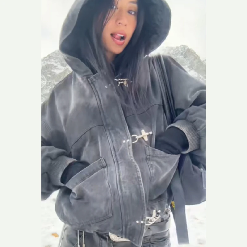 

Fashion New High Street Cool Girl Short Coat Metal Buckle Hooded Dyed Long Sleeve Loose Jacket Winter Casual Women Outerwear