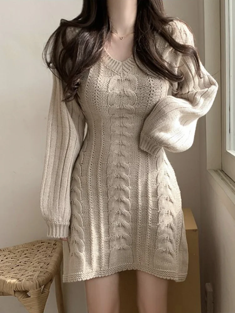 Robe pull tricotée pour femmes, nouvelle mode, automne hiver, manches longues, col en V, robes élégantes rayées, haut en tricot, vêtements