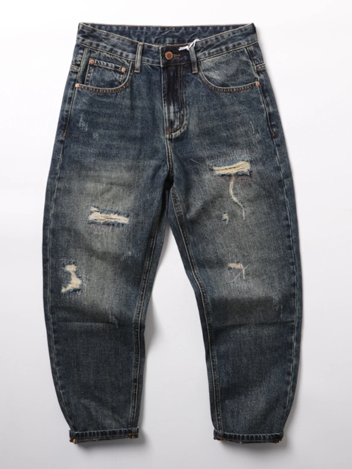 

Ameika Heavyweight Waed Ripped Patch Loose Cone Denim Jeans Men Trendy Casual Carrot Denim Long Pants Straight Leg Jeans