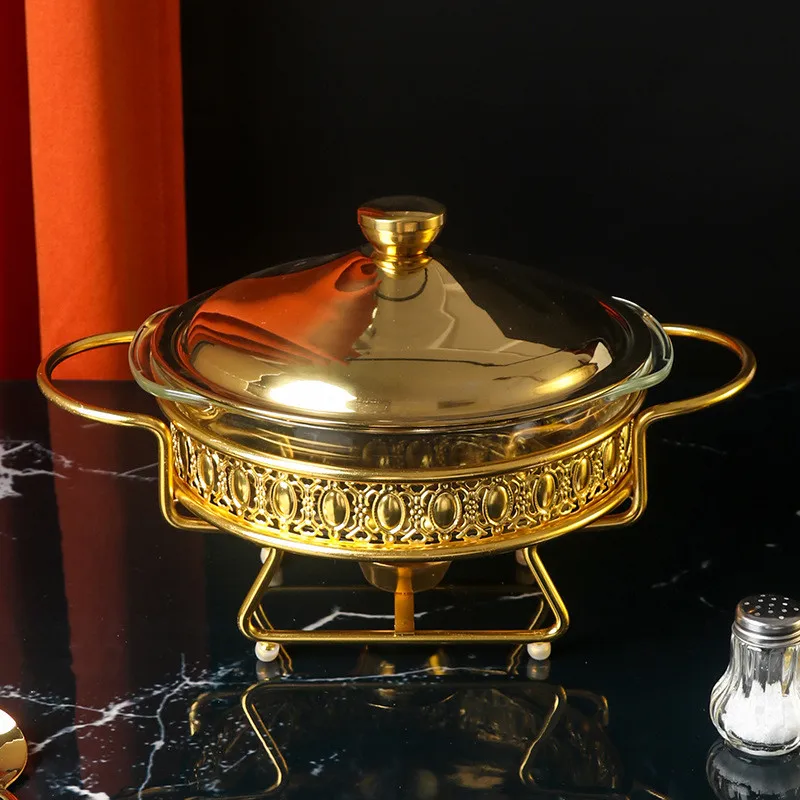 

Luxury Golden Round Buffet Dish Food Warmer Stainless Steel Glass Serving Dish Hot Pot Small Chafing Dish Hotel Wedding Chafing