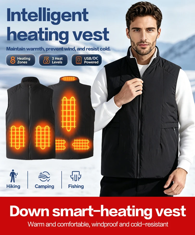 Beheizte Herrenweste, USB-aufladbar, 6 Heizzonen, elektrische Thermoweste, Stehkragen, ärmellose Heizweste, waschbar, Winter – Detail 1