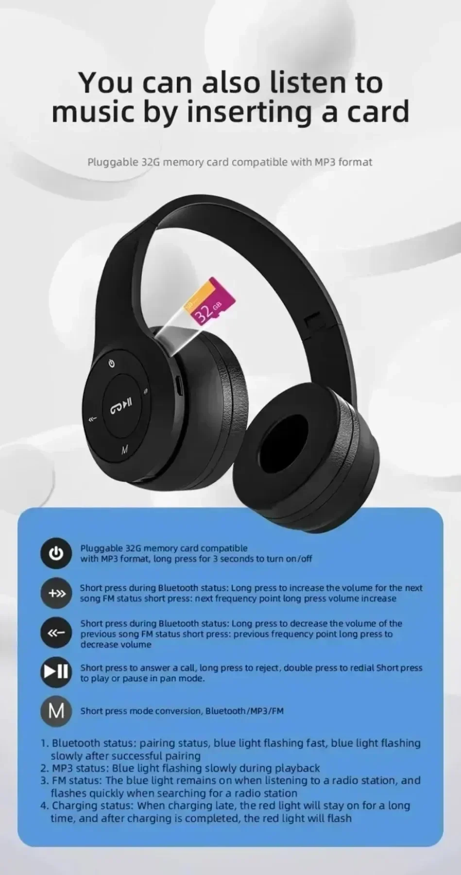 Faltbare Bluetooth-Kopfhörer, kabellose Overhead-Ohrhörer mit Mikrofon und Lautstärkeregelung für Smartphones, Gaming-Headset – Detail 5