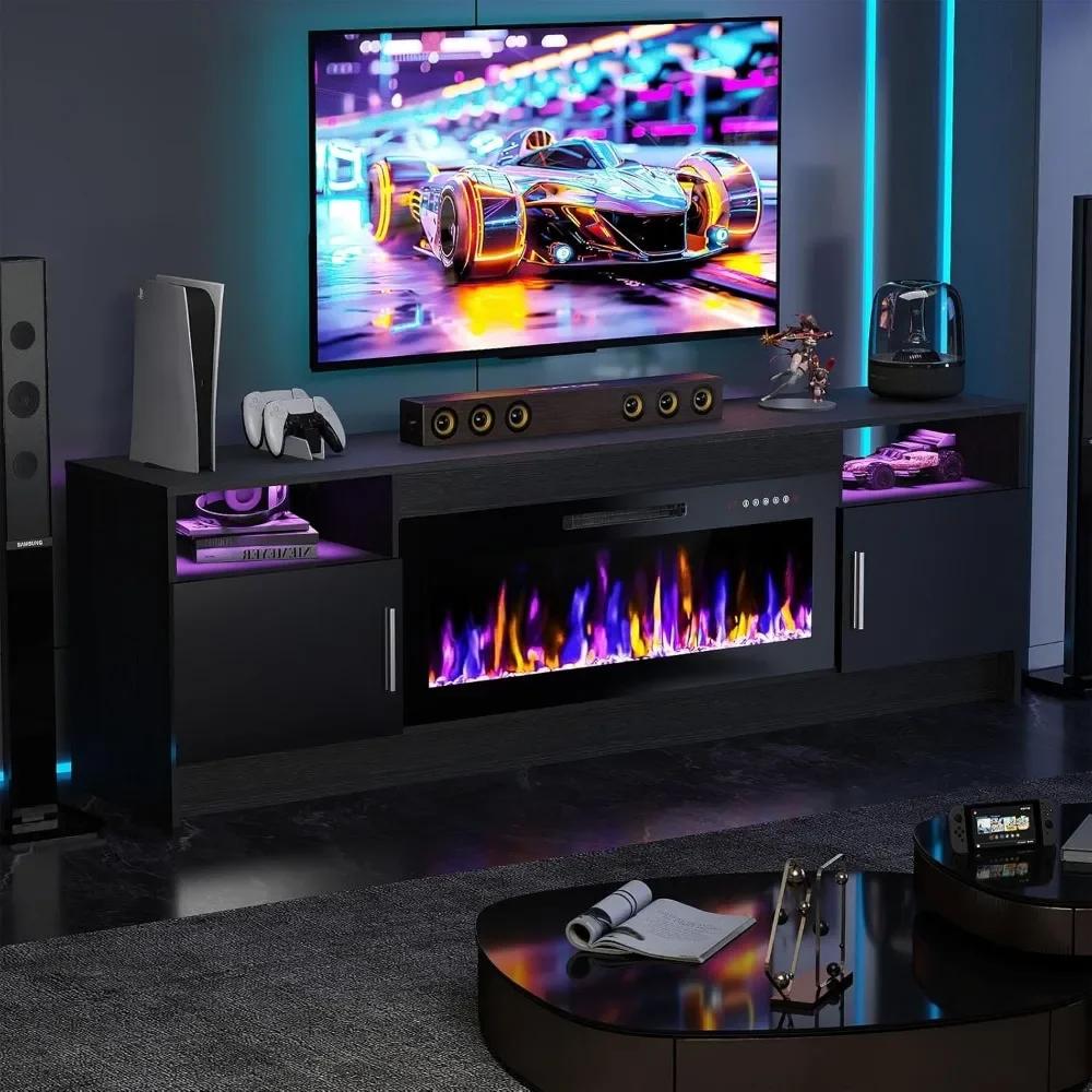 70 Inch TV Stand with 36 inch Electric Fireplace 27 LED Light Entertainment Center for TVs Up to 85