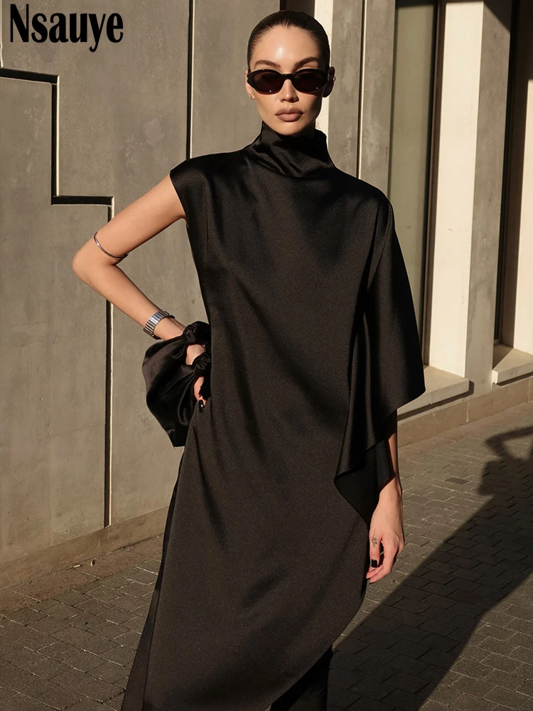 Nsauye セクシーなイブニングパーティー女性ナイトクラブサテンエレガントなドレスロングプルオーバー夏ハイスプリット 2025 マキシホリデーファッションドレス