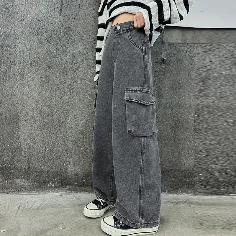 Dziecięce spodnie jeansowe na co dzień Nastoletnie dziewczęta Szerokie nogawki Cargo Jeans 2024 Jesienna moda Szkoła Młode dzieci Proste workowate