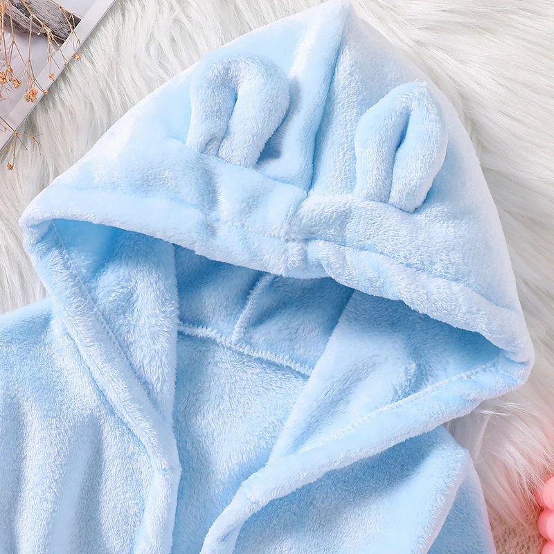 New Winter Kids Sleepwear Flannel Warm Hooded Bathrobe Children Solid Color Plush Pajamas Long Sleeve Robe Clothes 2-7Y