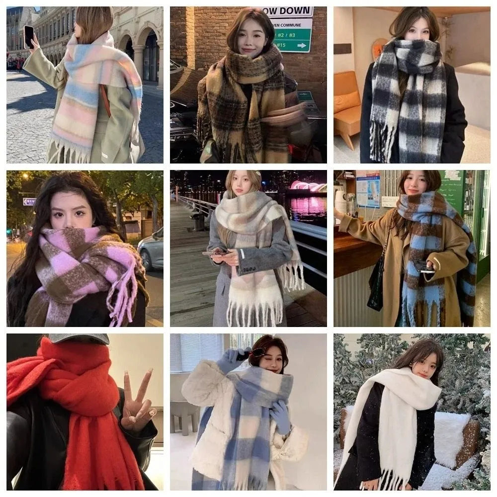 Retro Mohair Karierter Wollschal mit Quasten, Winter Kaschmirschals im Koreanischen Stil, Warmer Langer Schal für Mädchen – Detail 2