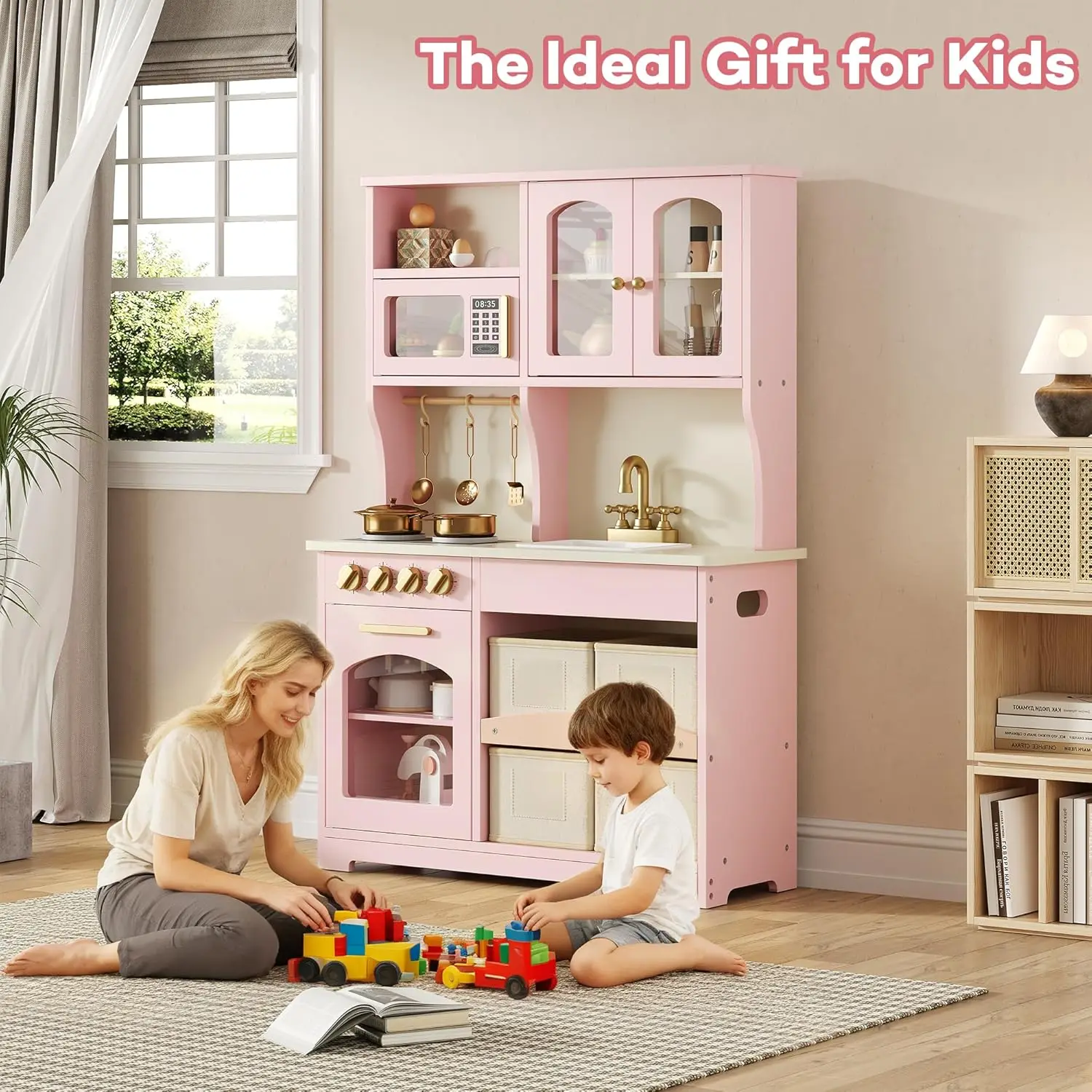 Pink Wooden Toddler Kitchen Playset – Pretend Stove & Oven with Smart Storage and Accessories, Ideal Gift for Ages 3+ image 6