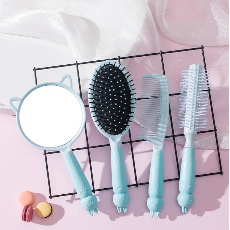 4pcs/Set Portable Cute Rabbit Air Cushion Comb Mirror Set Anti Static Airbag Comb and Mirror Home Hair Styling Tools for Ladies