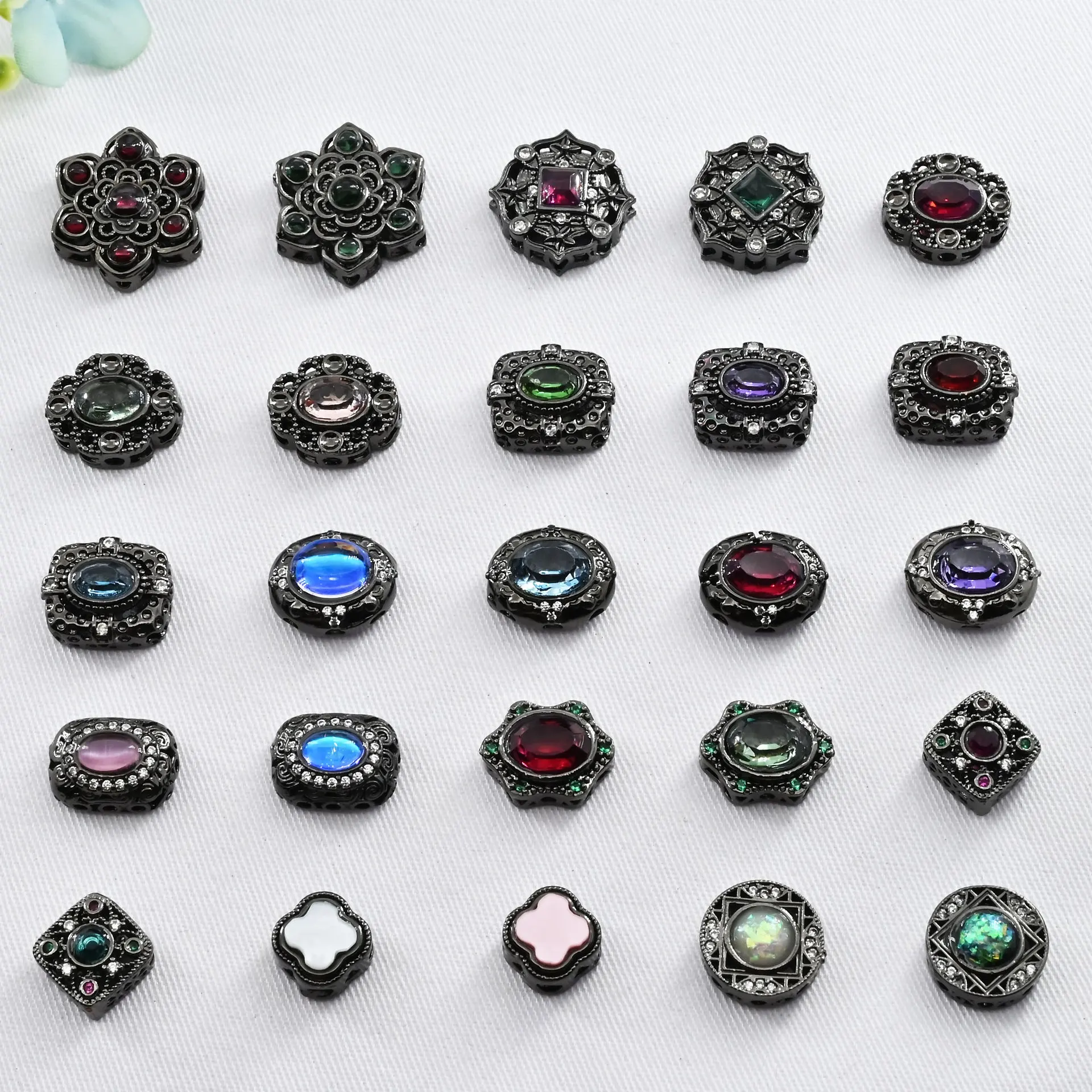 5pcs Copper Plated Gun Black Inlaid with Colored Zircon Pendant Hollow Bead DIY Bracelet Necklace Jewelry Material Accessories