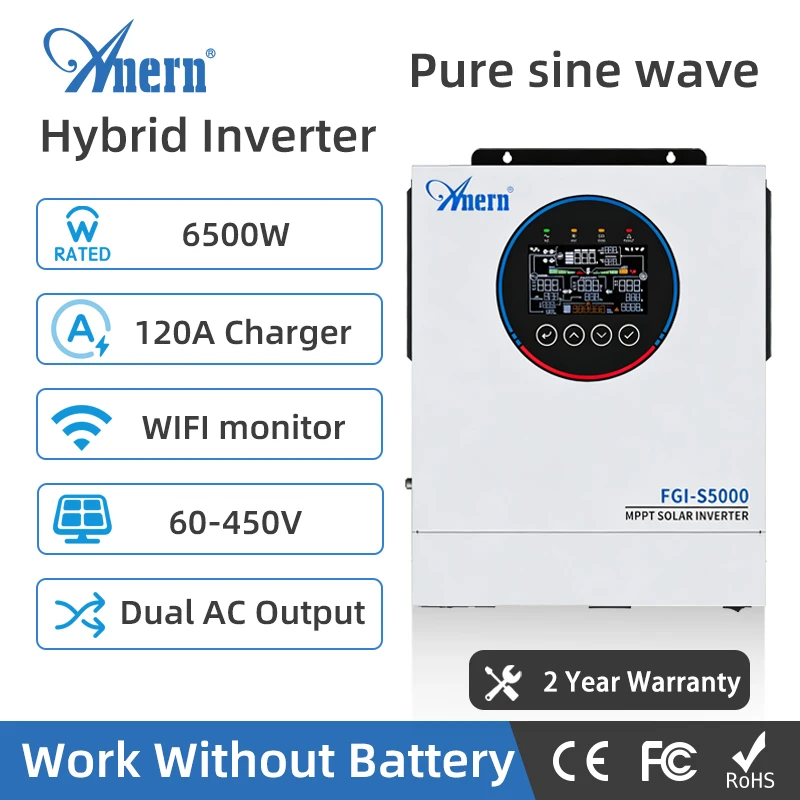 Anern 6.5KW 5KW High Frequency Hybrid Solar Dual AC Output Inverter 160A 24V 48V Pure Sine Wave Off-Grid Inverter For Home