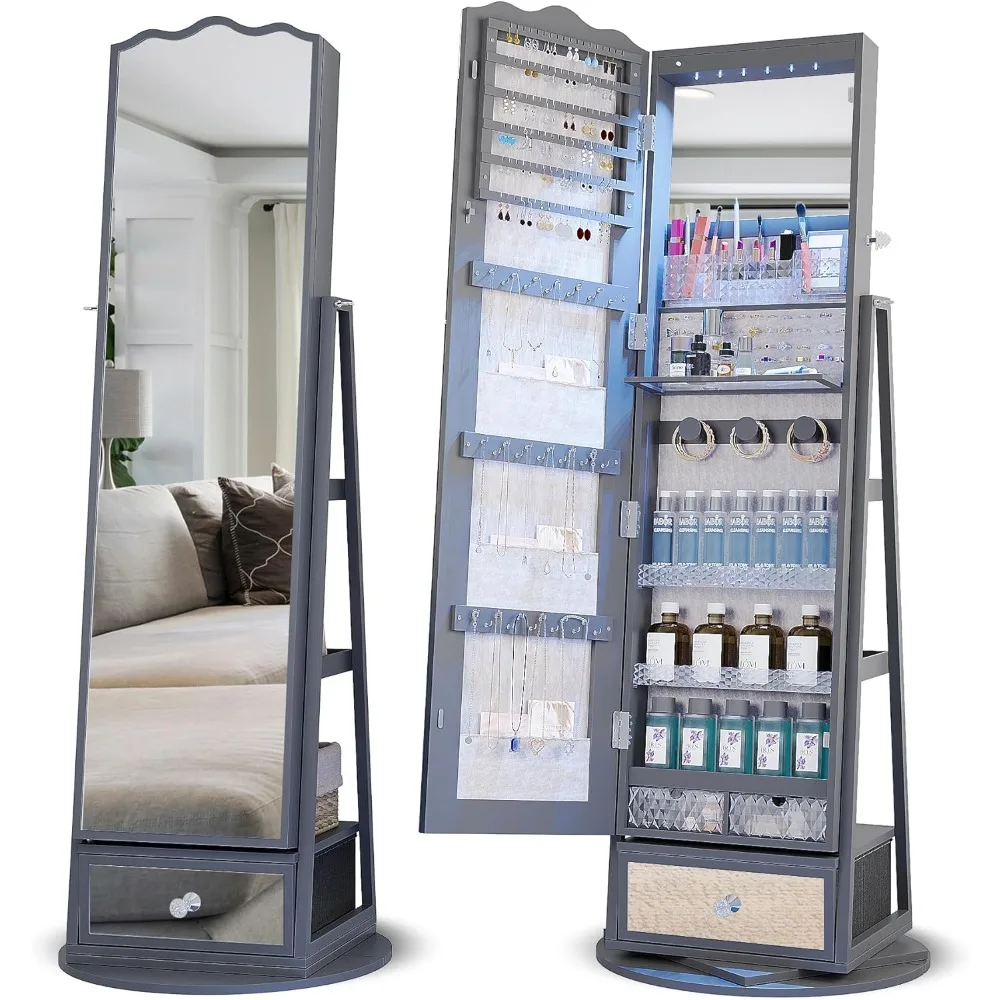 360° Rotating LED Jewelry Armoire w/Full Length Mirror, Large Capacity Jewelry Organizer Armoire w/Lights