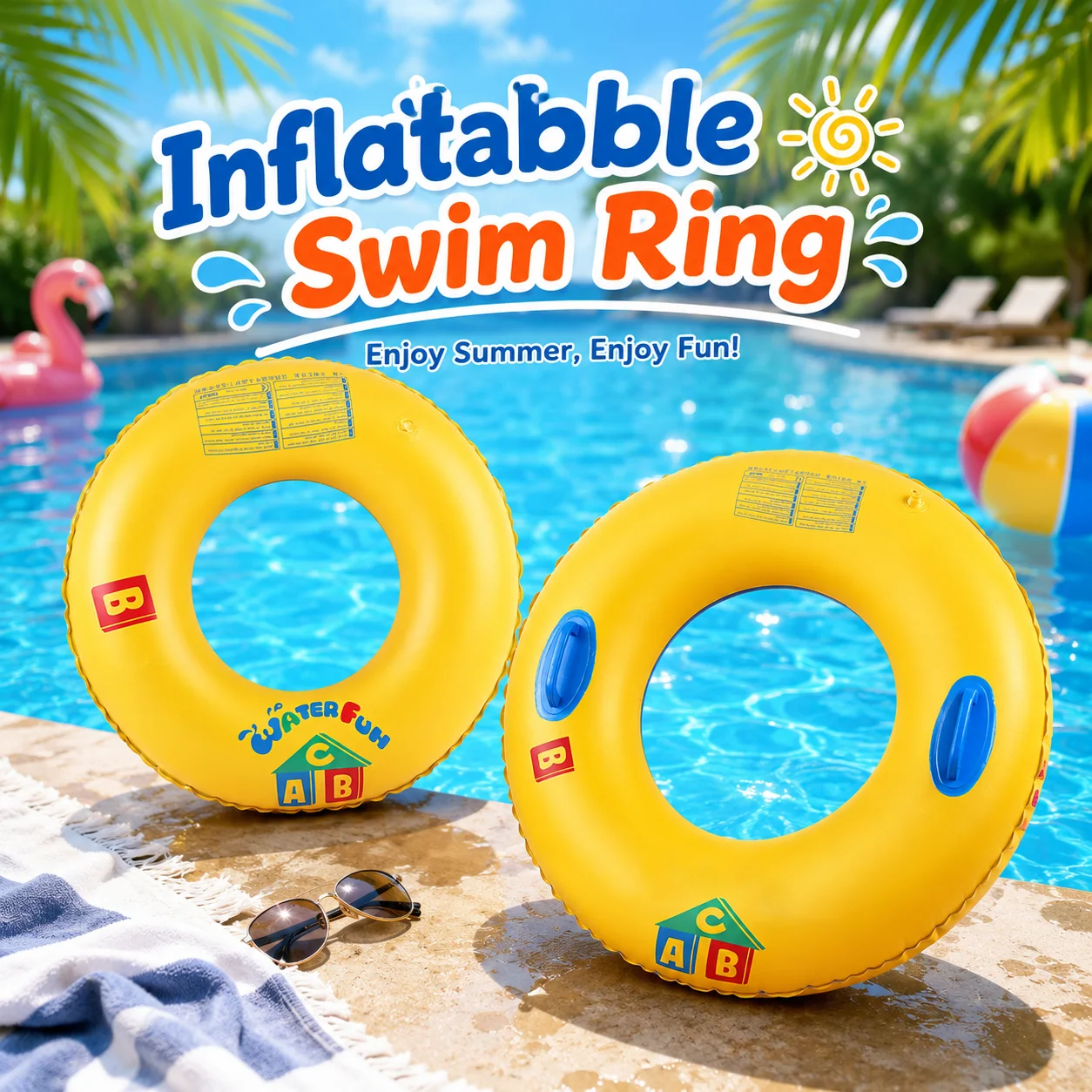 1PC Inflatable Swim Ring Pool Float Tube with Optional Handles, Yellow Swimming Ring for Pool Beach Lake Summer Water Fun