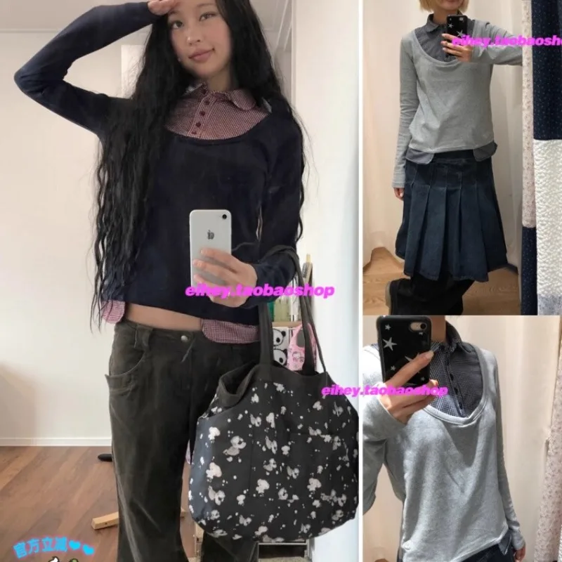 

Polo Collar Contrast Color Patchwork Long-sleeved T-shirt Women 2025 Autumn New Fake Two Pieces Button Casual All-match Tops