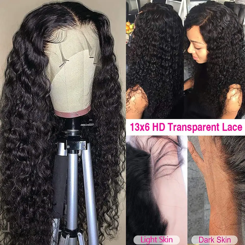 Deep Wave 13X6 HD Transparent Lace Front Wigs Brazilian 10A Deep Curly Human Hair Wigs for Black Women Pre Plucked Natural Black