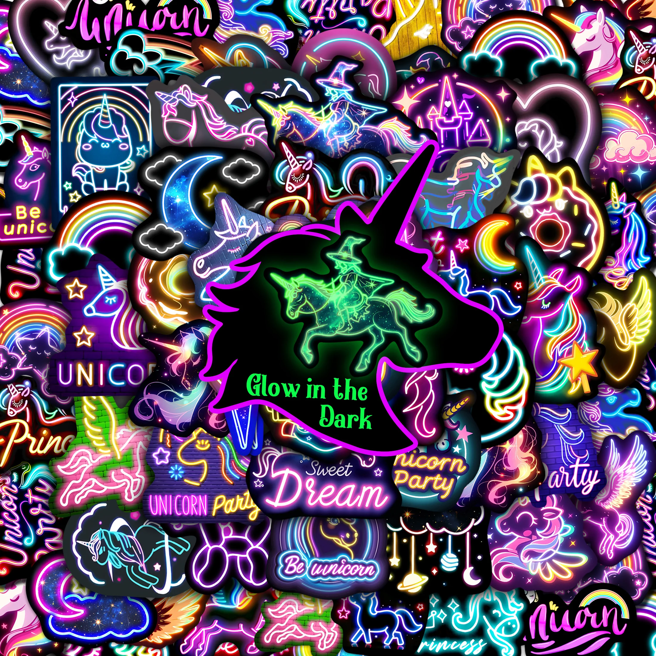 51 szt. Neonowych Naklejek Jednorożców dla Dzieci Świecących w Ciemności, Naklejki Tęczowe na Butelki z Wodą, Wodoodporne Naklejki Winylowe na Laptopa