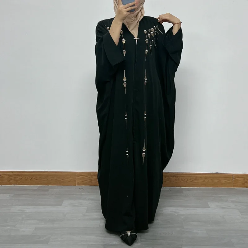 

Elegant Muslim Ladies Long Sleeve Loose Fit Abaya Dress with Sparkling Rhinestones and Beads Evening Dress Dress