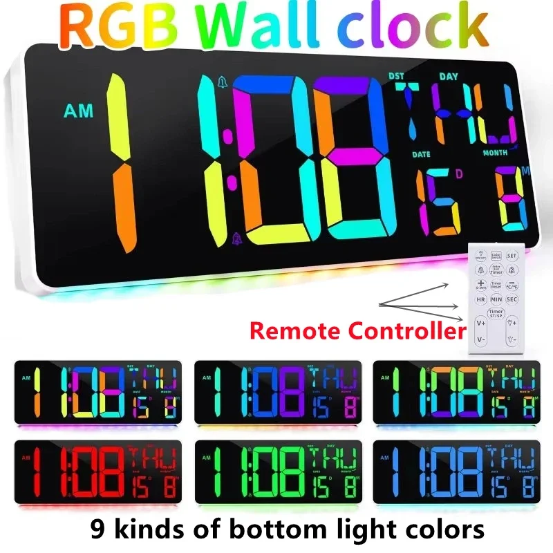 USB Powered Large Digital Wall Clock,Remote Control Digital,Temperature Date Week Timing Countdown,RGB Changing Electronic Clock