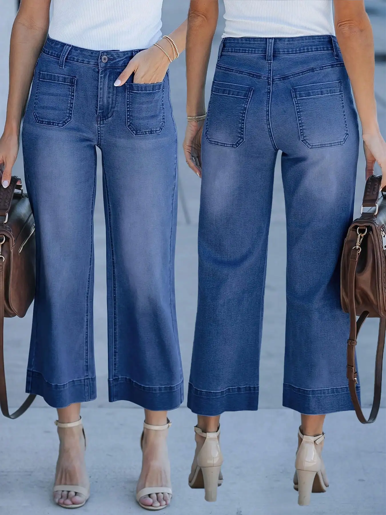 

Women's High Waist Wide Leg Cropped Denim Jeans, Fashionable Casual Trousers with Pockets