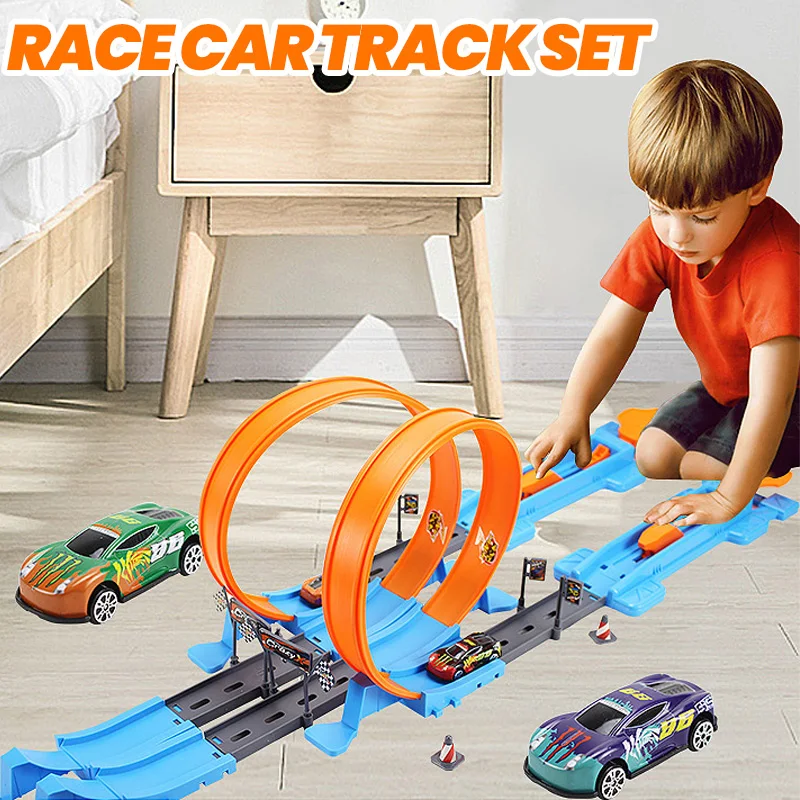 18/40pcs Railway Racing Track Play Set Mini Speed Racing Diecast Car Kits Educational Interactive Children Toy Boys Gift