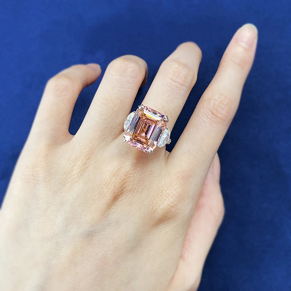 Luxury 13*16mm 15ct Emerald Cut Pink Orange Tourmaline High Carbon Diamond Rings for Women S925 Silver Rings Party Fine Jewelry